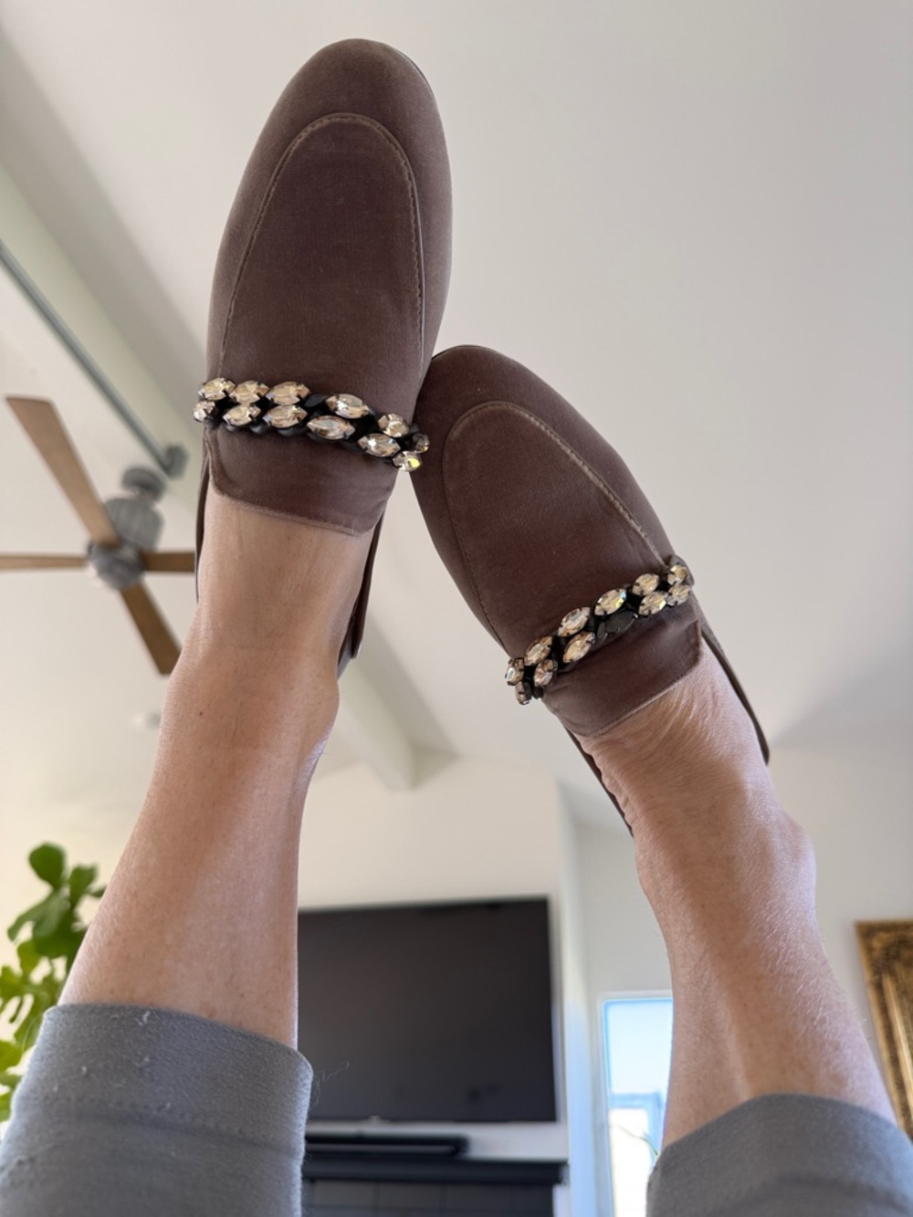 Taupe Velvet NEW Anthropologie Brand Lola Cruz Velvet Jewel Statement Loafers ❤️